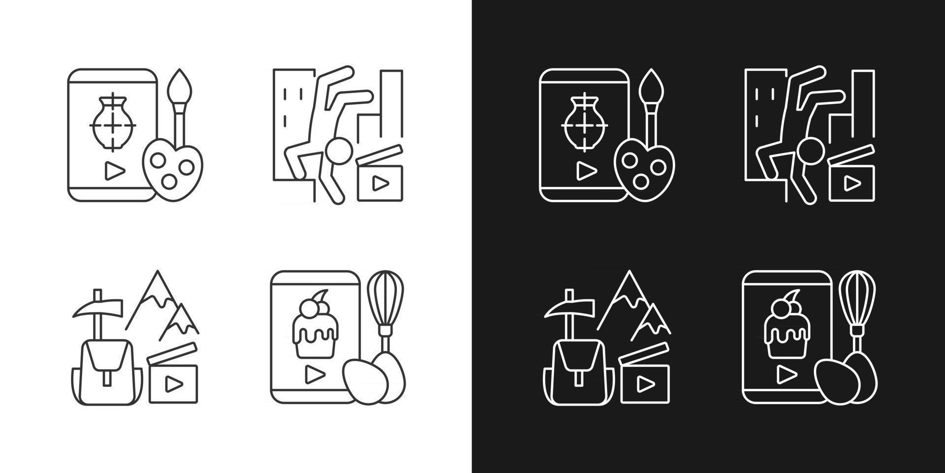 Internet video linear icons set for dark and light mode. Drawing tutorial. Parkour footage. Travel vlog. Customizable thin line symbols. Isolated vector outline illustrations. Editable stroke