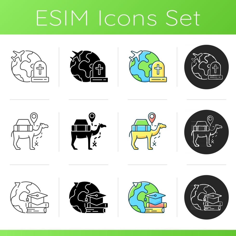 Tourism icons set. Tombstone travel. Camel caravan. Student exchange program abroad. Education and recreation trip. Linear, black and RGB color styles. Isolated vector illustrations