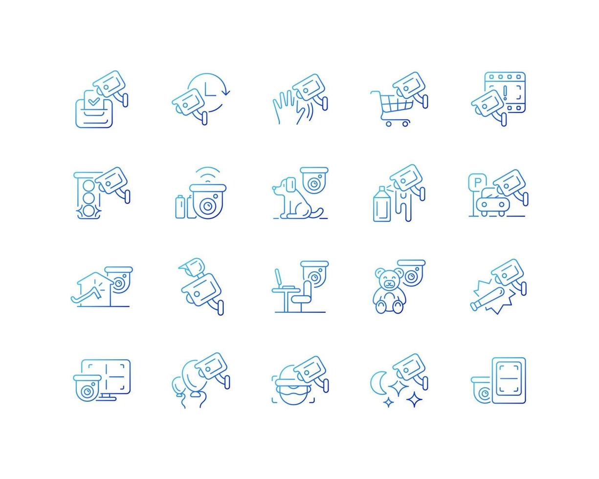 Surveillance and security systems gradient linear vector icons set. CCTV camera installation. 24 7 protection. Thin line contour symbols bundle. Isolated vector outline illustrations collection