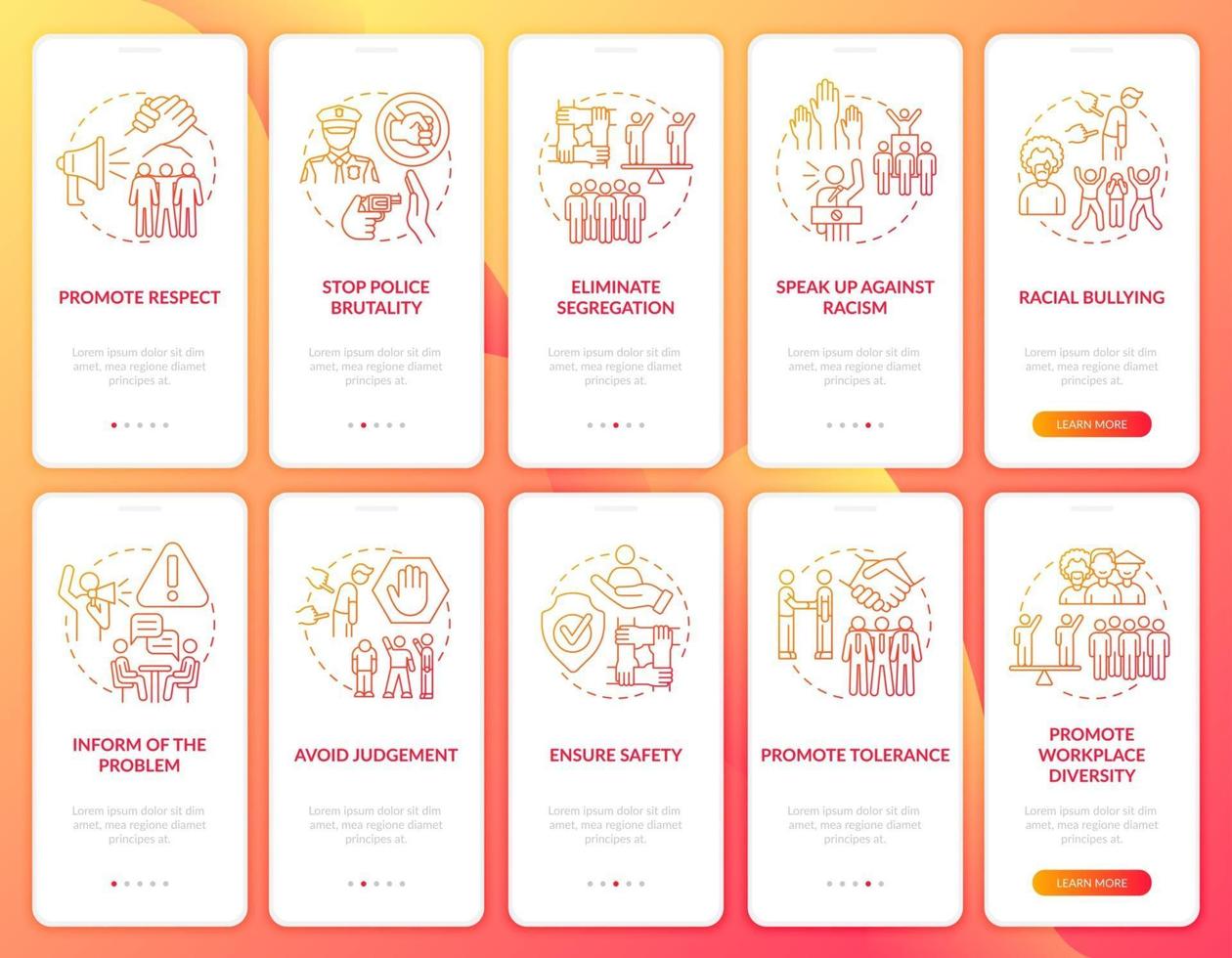 Fighting racial inequality onboarding mobile app page screens set. Support tolerance walkthrough 5 steps graphic instructions with concepts. UI, UX, GUI vector template with linear color illustrations