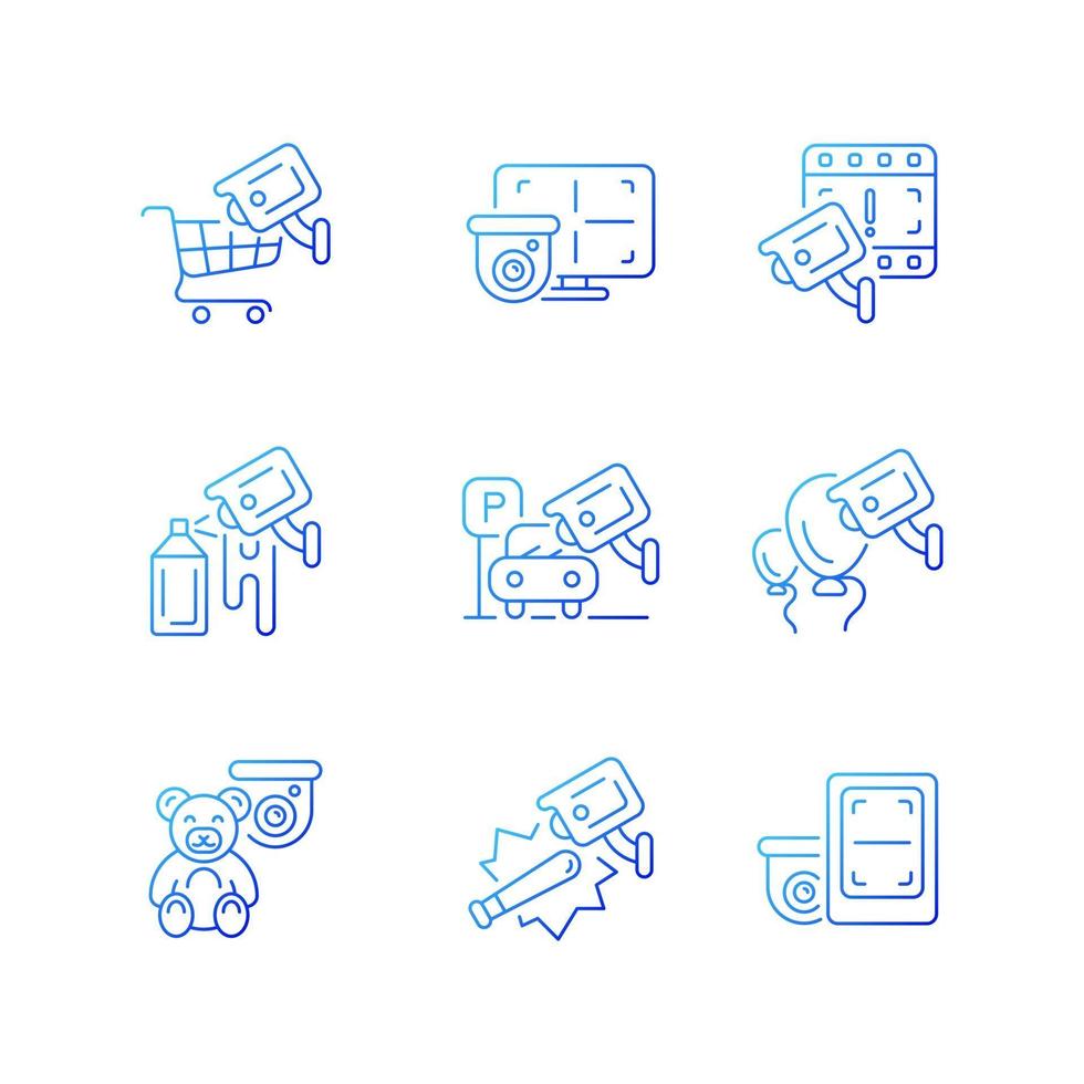 Securing home and business gradient linear vector icons set. Avoid damage. CCTV monitor. Hijacking prevention. Thin line contour symbols bundle. Isolated vector outline illustrations collection