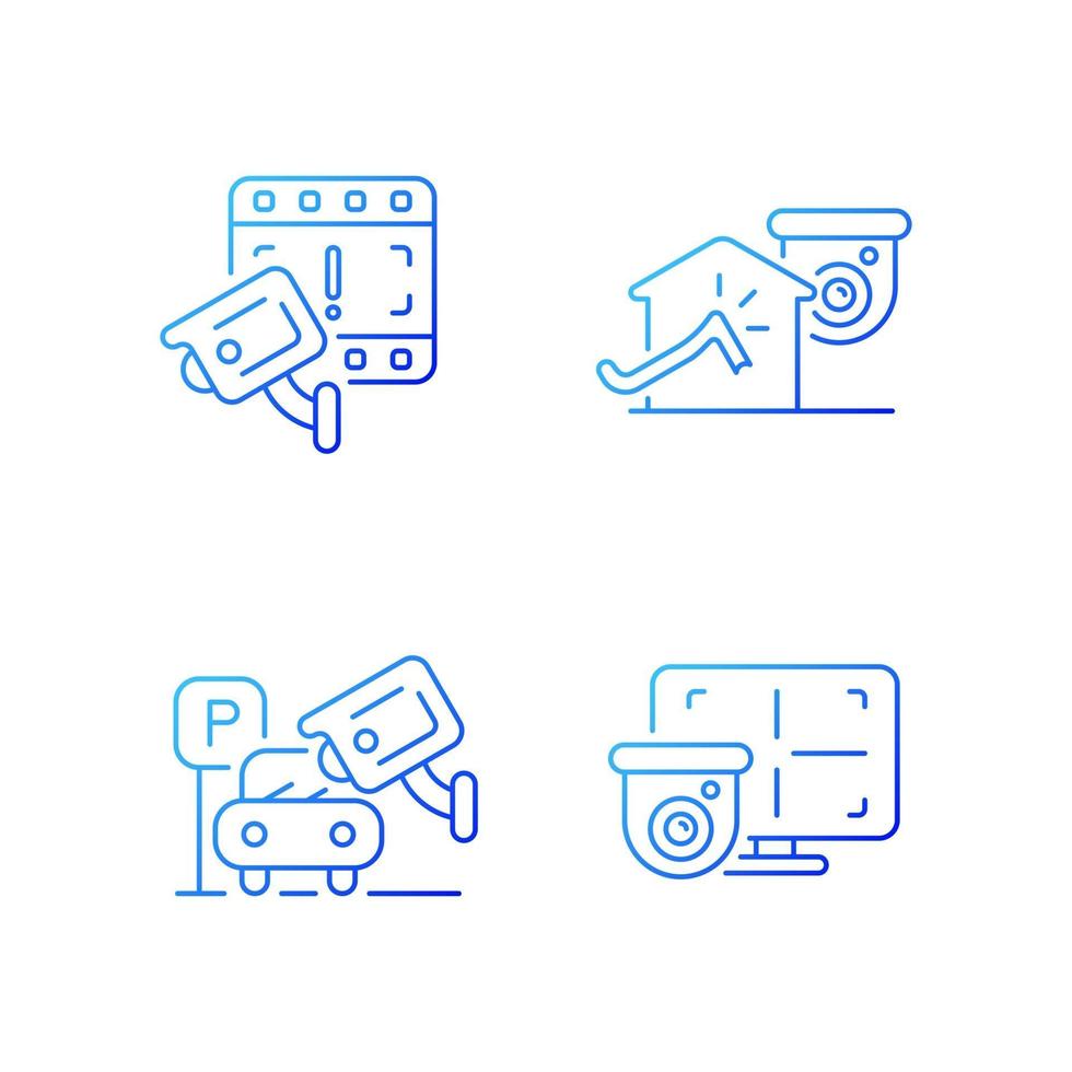 Family and property protection gradient linear vector icons set. Boon to police investigation. Anti-hijack system. Thin line contour symbols bundle. Isolated vector outline illustrations collection