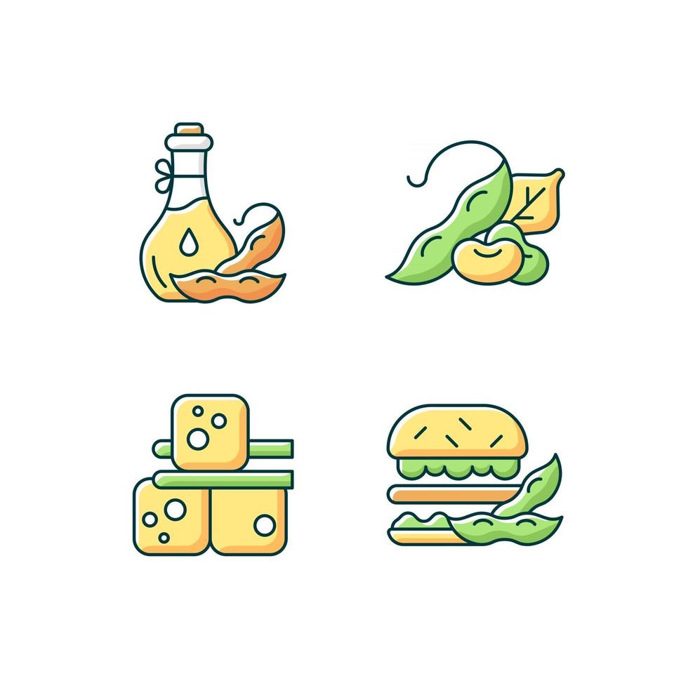 Soybeans cooking RGB color icons set. Isolated vector illustrations. Healthy meals with organic ingredients. Vegeterin lifestyle. Tofu cubes preparation simple filled line drawings collection