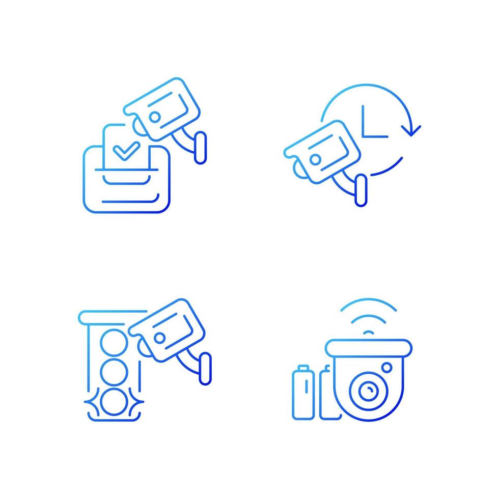 Surveillance system gradient linear vector icons set. Electoral fraud prevention. 24 hour monitoring. Roadway camera. Thin line contour symbols bundle. Isolated vector outline illustrations collection