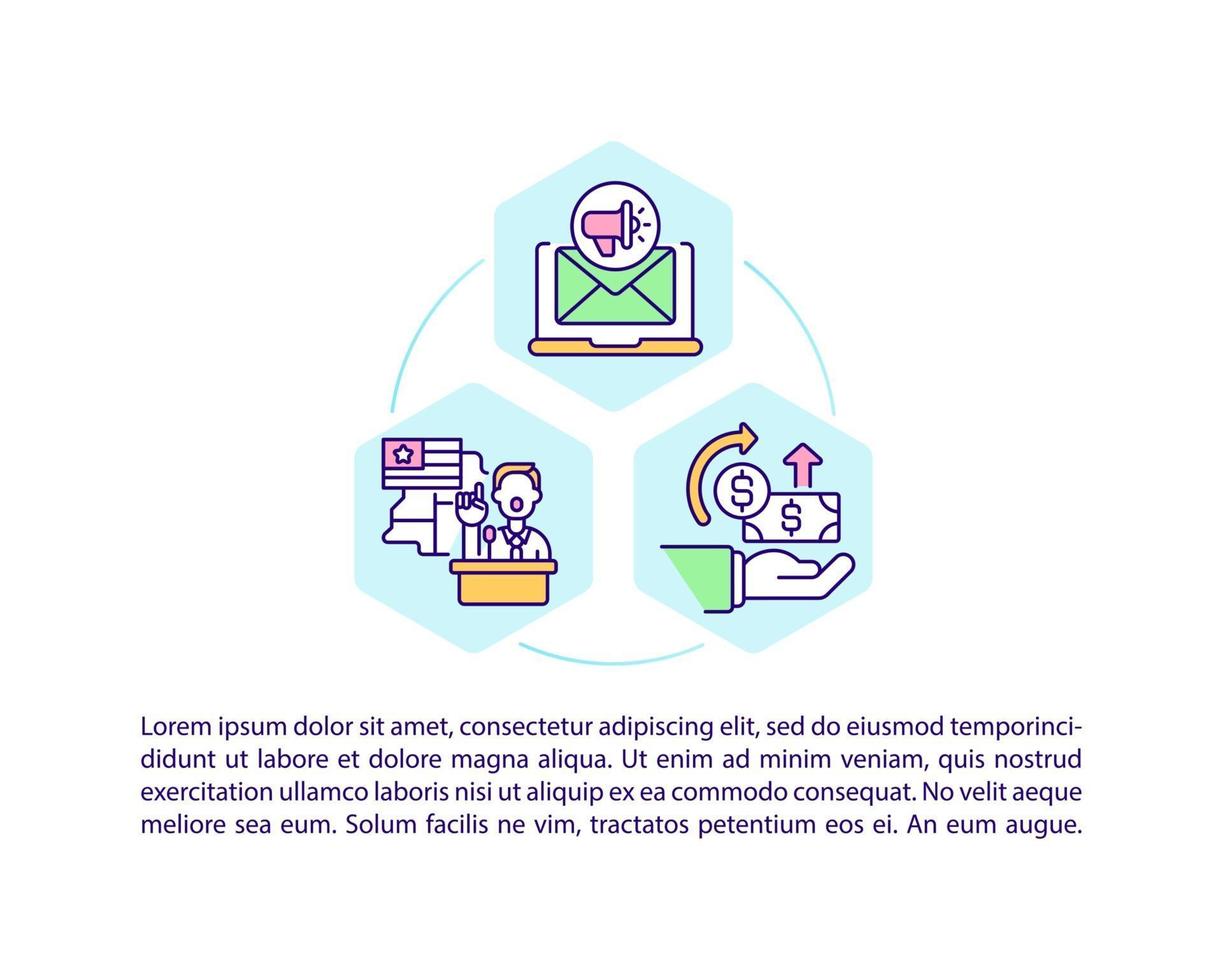 iconos de línea de concepto de empresa de recaudación de fondos con texto. plantilla de vector de página ppt con espacio de copia. folleto, revista, elemento de diseño de boletín. recaudación de fondos ilustraciones lineales en blanco