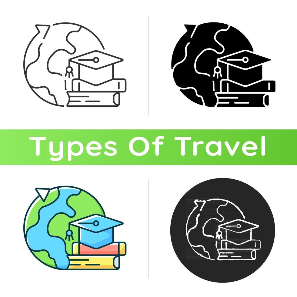 Student exchange programme icon. Flight abroad for university education. International trip for scholarship. Travel industry category. Linear black and RGB color styles. Isolated vector illustrations