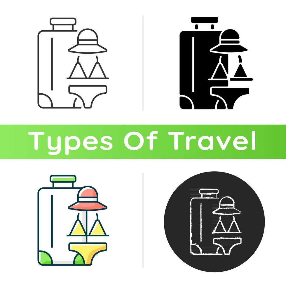 All girl travel icon. Trip for bachelor party. Woman clothing packing for summer beach vacation. Tourism industry category. Linear black and RGB color styles. Isolated vector illustrations