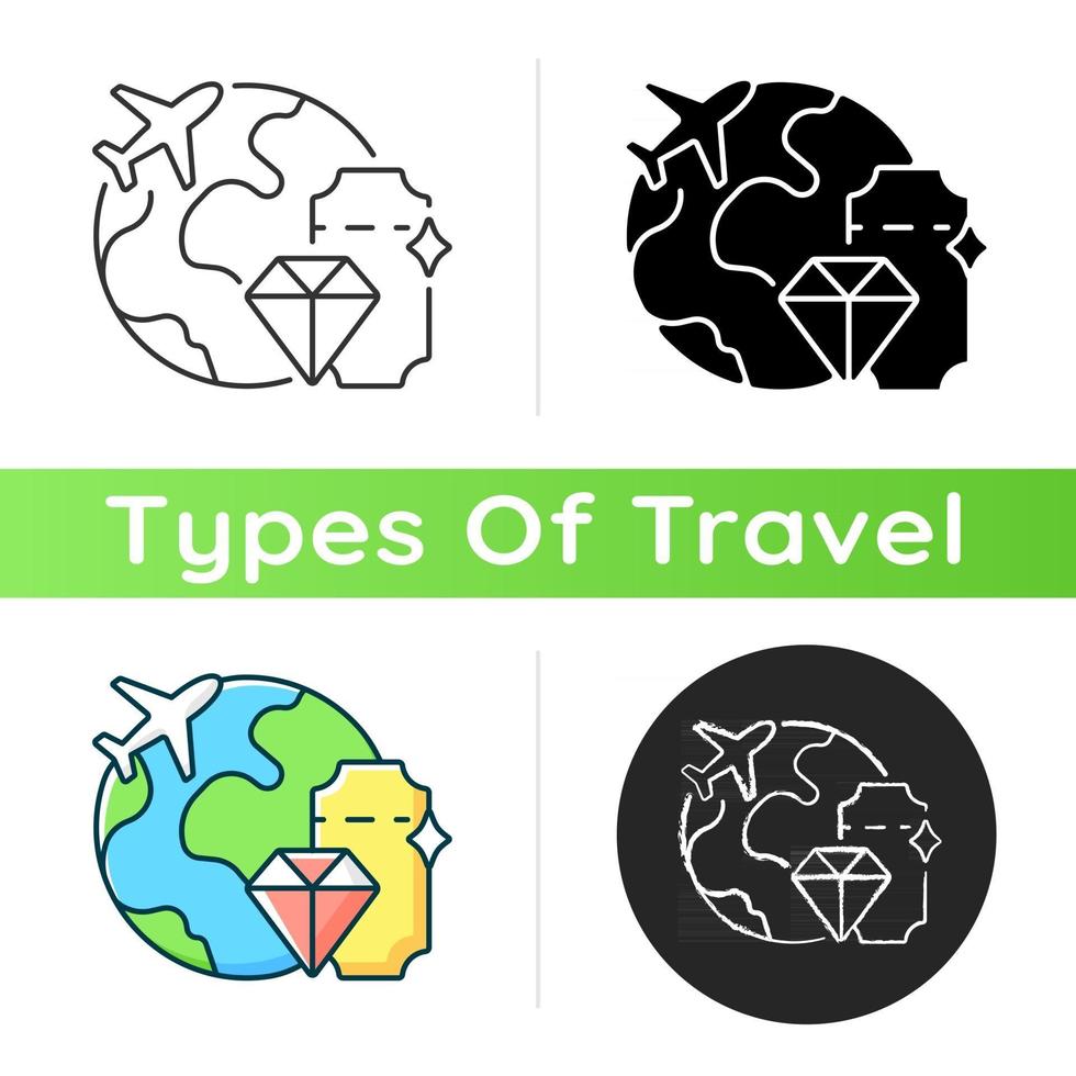 Luxury travel icon. International trip with glamour and wealth. Flight abroad for vacation. Tourism industry category. Linear black and RGB color styles. Isolated vector illustrations