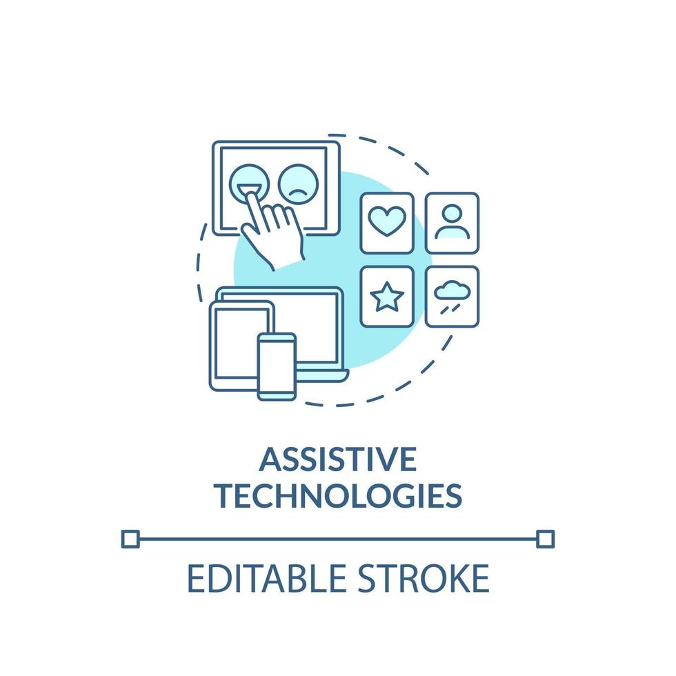 icono del concepto de tecnologías de asistencia. tratamiento de comportamiento autista idea abstracta ilustración de línea fina. apoyar a las personas con autismo. dibujo de color de contorno aislado vectorial. trazo editable vector