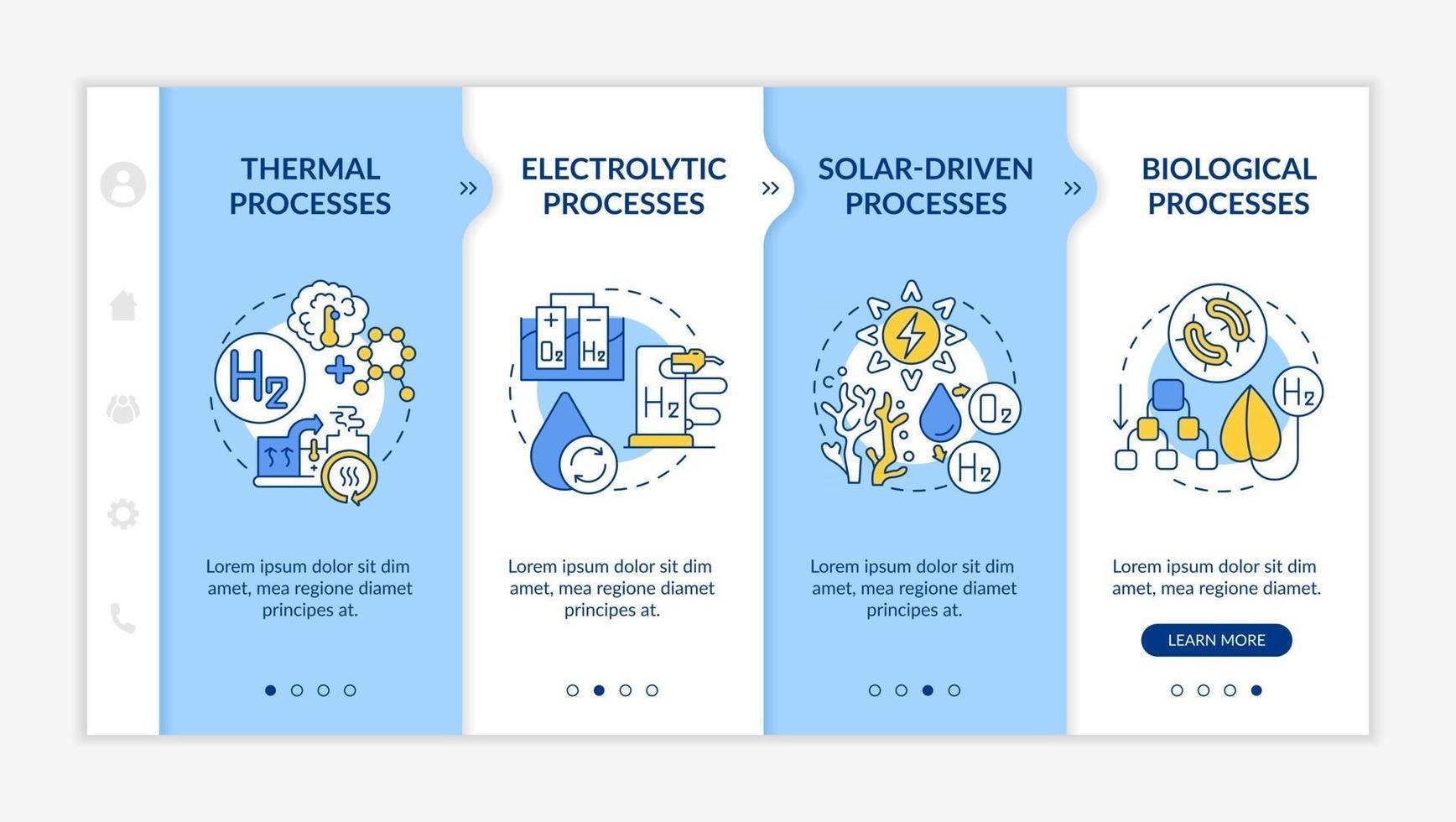 Generating hydrogen gas onboarding vector template. Responsive mobile website with icons. Web page walkthrough 4 step screens. Electrolytic processes color concept with linear illustrations