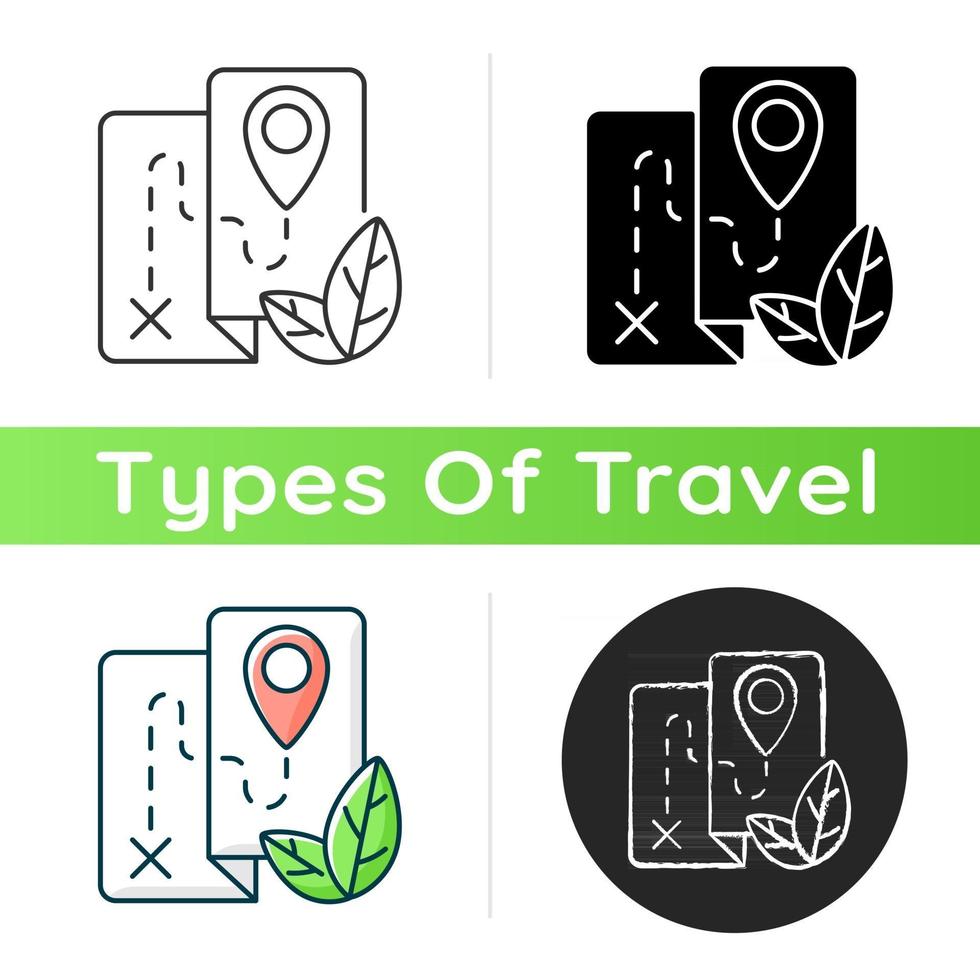 Ecotourism icon. Ethical and responsible trip. Eco friendly journey. Point of destination. Travel industry sustainability. Linear black and RGB color styles. Isolated vector illustrations