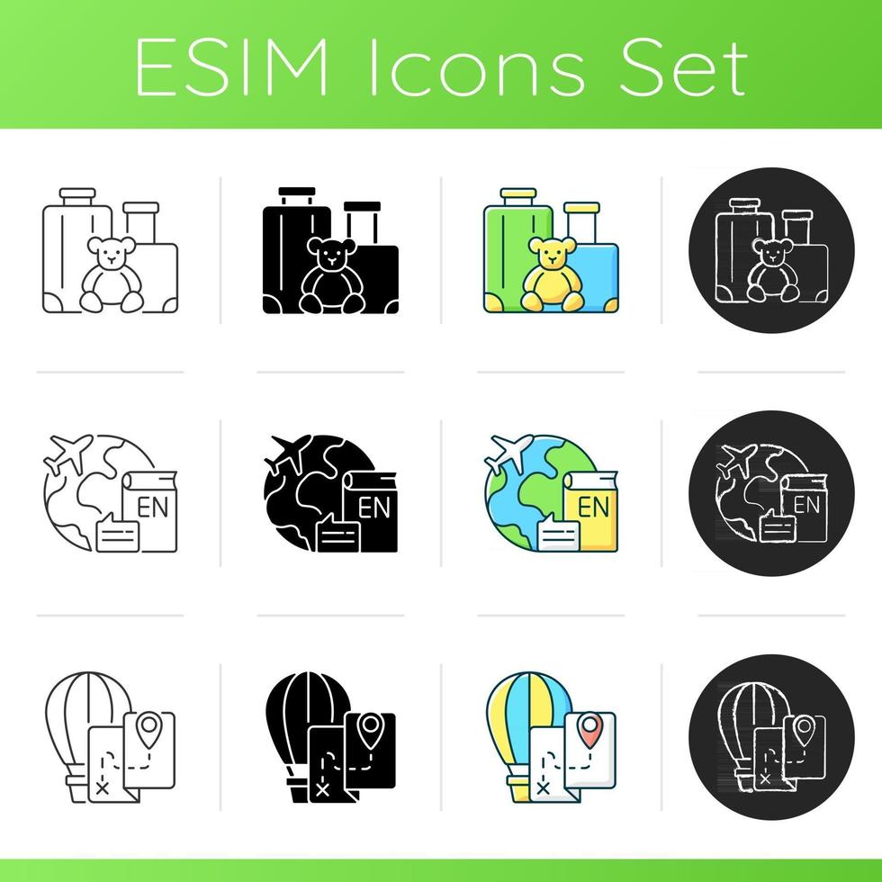 Categories of travel icons set. Family vacation. English teaching job abroad. Hot air balloon tour. Types of tourism. Linear, black and RGB color styles. Isolated vector illustrations