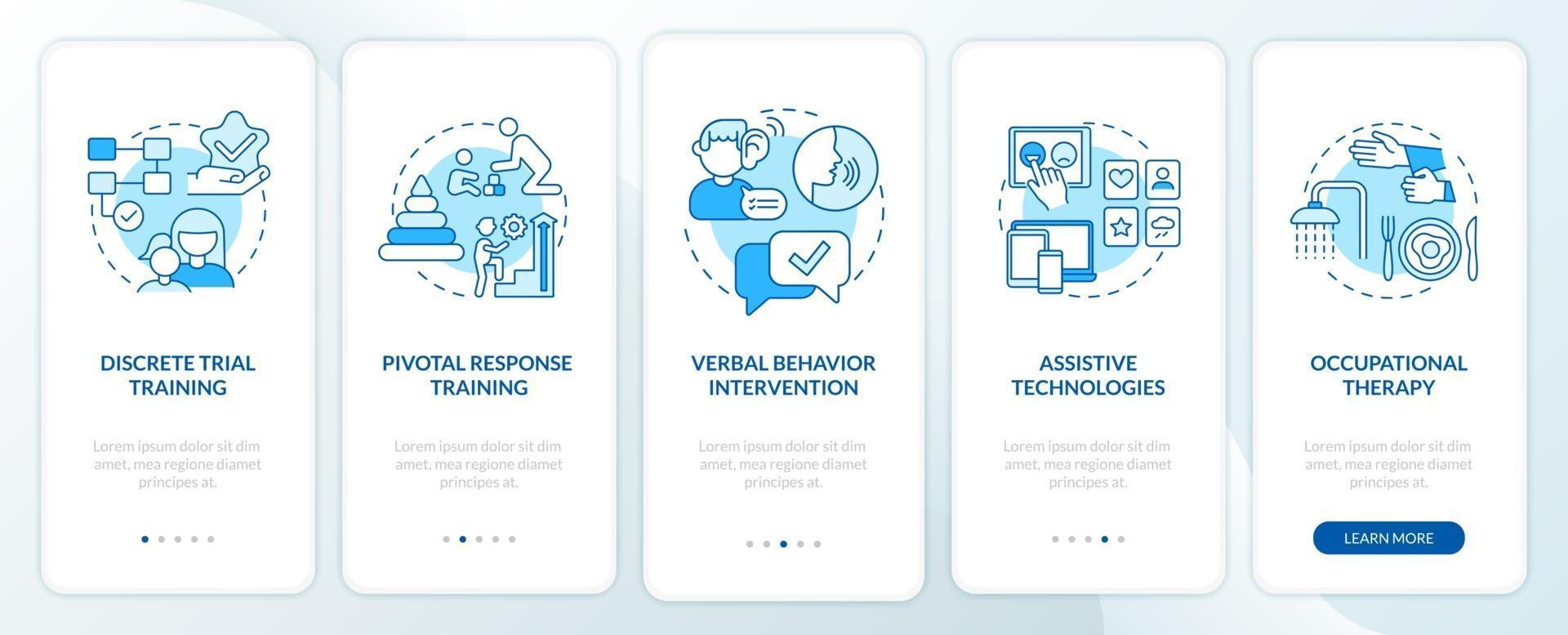 ASD treatment methods onboarding mobile app page screen. Discrete trial training walkthrough 5 steps graphic instructions with concepts. UI, UX, GUI vector template with linear color illustrations