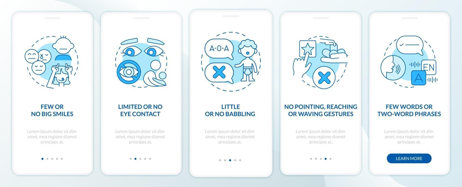 ASD signs in children onboarding mobile app page screen. Few smiles, no gestures walkthrough 5 steps graphic instructions with concepts. UI, UX, GUI vector template with linear color illustrations