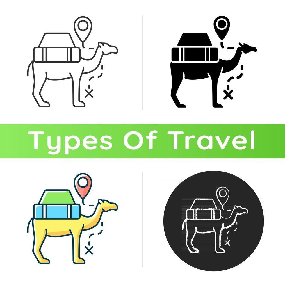 Camel caravan icon. Travel in Egypt. Mammal for safari transportation. Explore desert and dune on dromedary. Tourism industry. Linear black and RGB color styles. Isolated vector illustrations