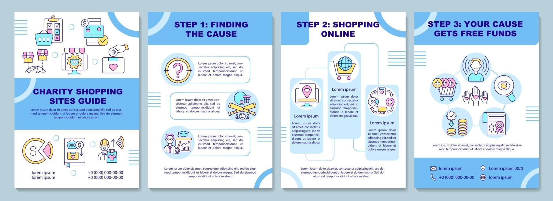 Charity shopping sites guide brochure template. Collecting cause. Flyer, booklet, leaflet print, cover design with linear icons. Vector layouts for presentation, annual reports, advertisement pages