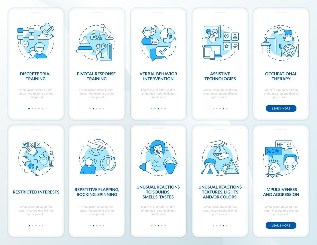 Autistic therapy methods onboarding mobile app page screens set. Autism signs walkthrough 5 steps graphic instructions with concepts. UI, UX, GUI vector template with linear color illustrations