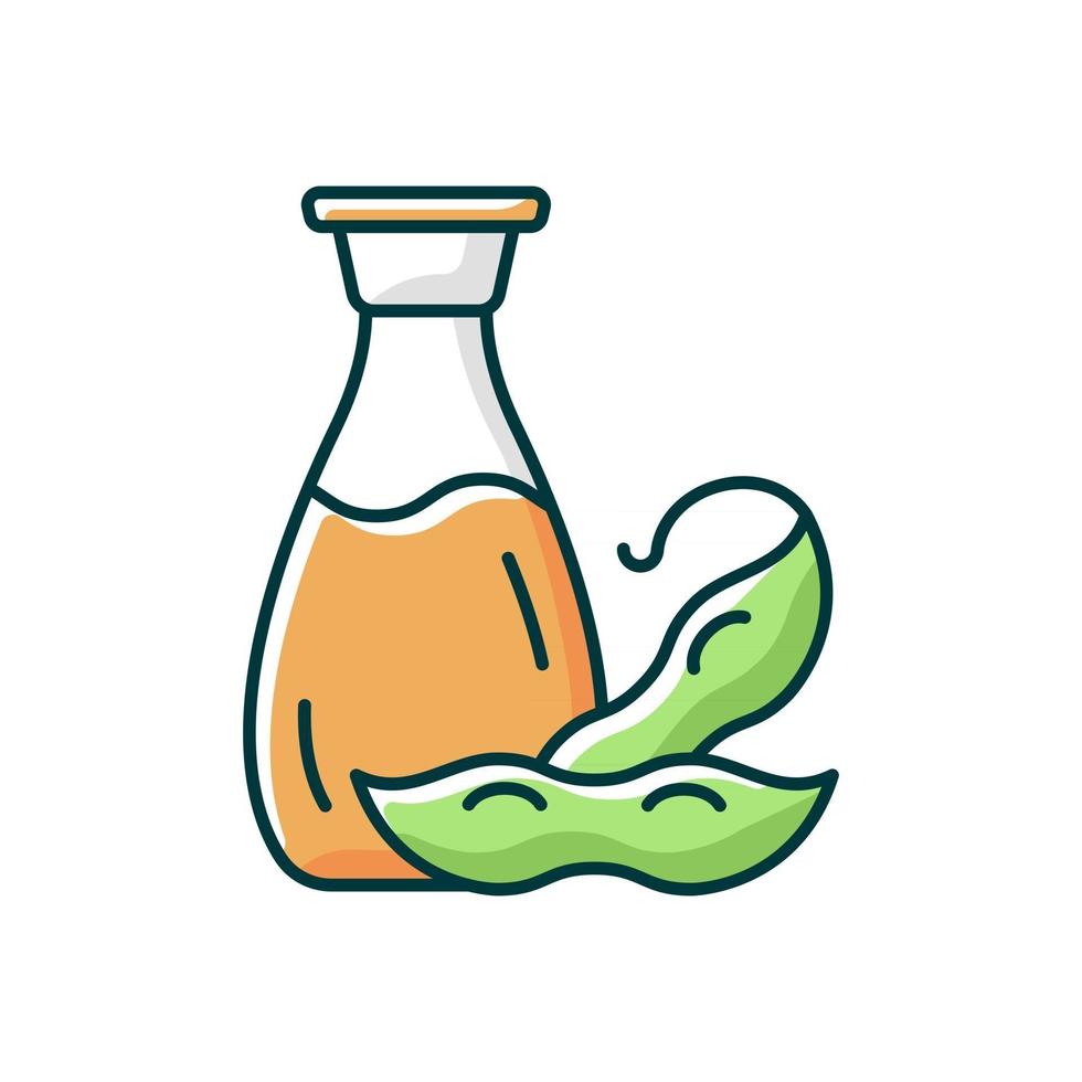 Soy sauce RGB color icon. Isolated vector illustration. Salty ingredient added to meals. Vegeterian foods types. Liquids used to improve flavor of rice or noodles simple filled line drawing