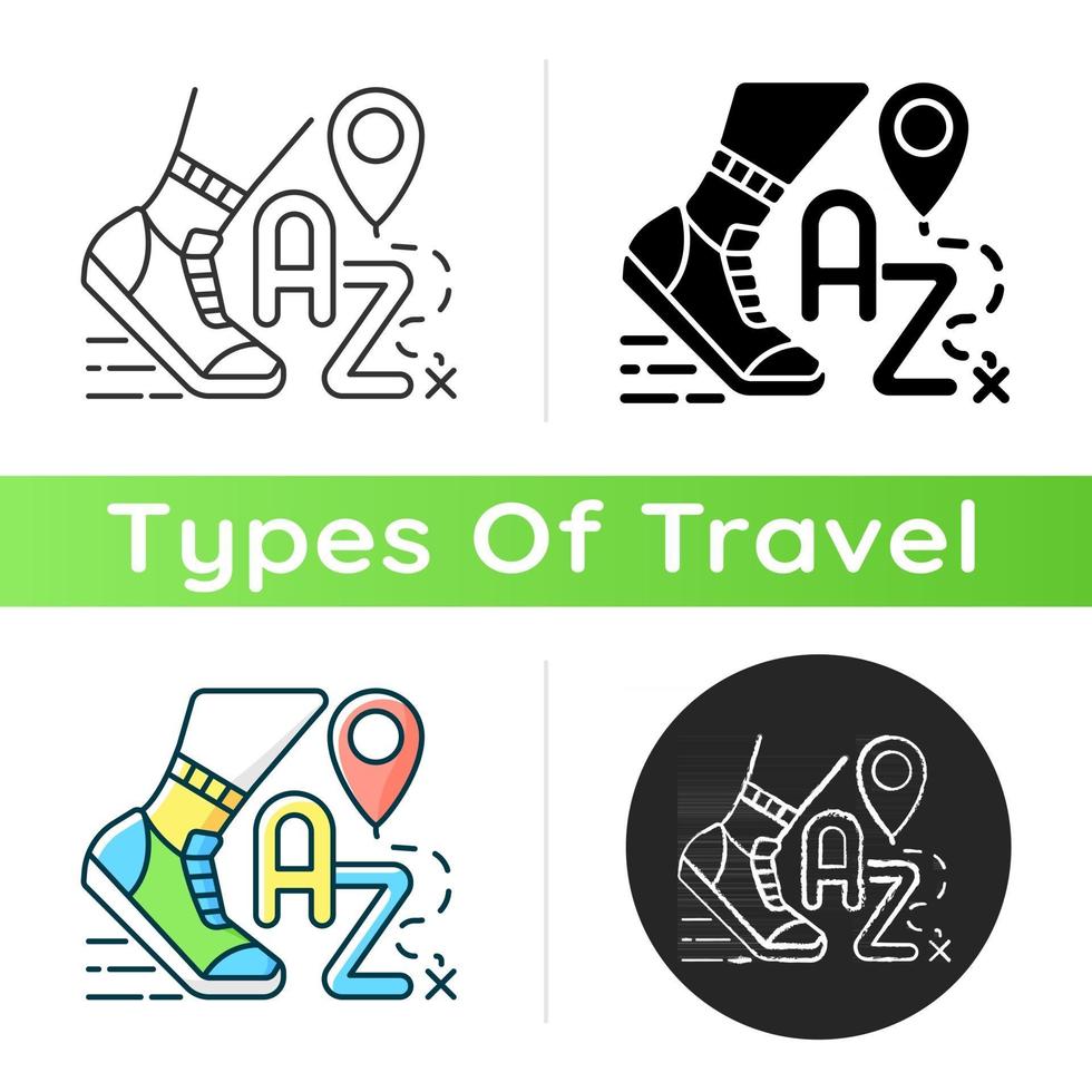 Alphatourism icon. Leisure activity and lifestyle. Traveller journey. Route for exercising and jogging. Travel industry category. Linear black and RGB color styles. Isolated vector illustrations