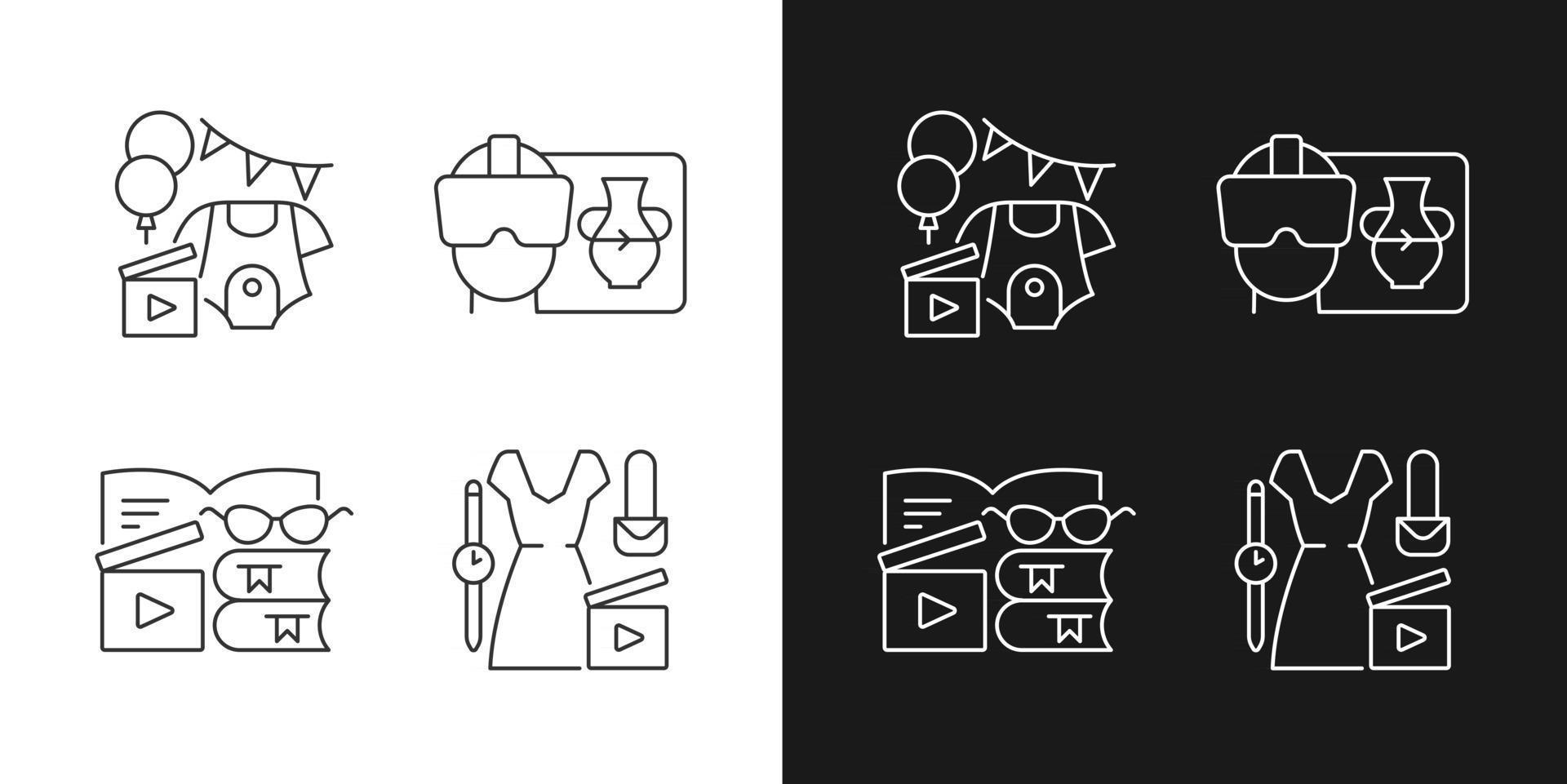 Types of video linear icons set for dark and light mode. Baby party. VR headset. Book review. Fashion blog. Customizable thin line symbols. Isolated vector outline illustrations. Editable stroke