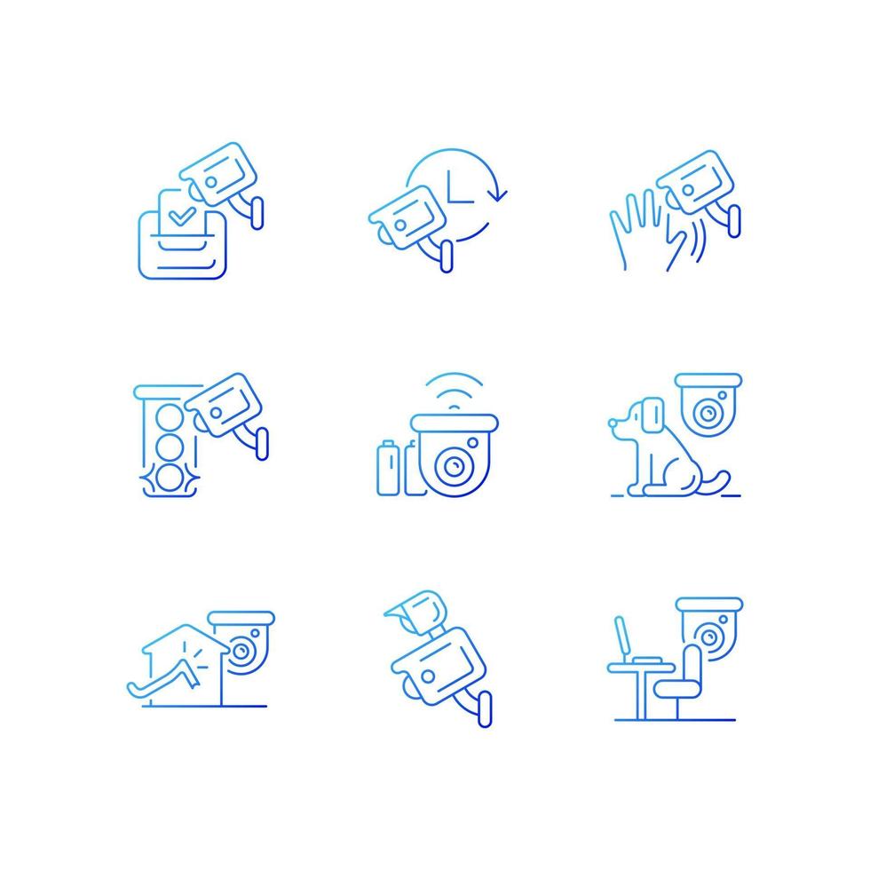 Surveillance camera usage gradient linear vector icons set. Election observation. Pet control. Motion detection. Thin line contour symbols bundle. Isolated vector outline illustrations collection
