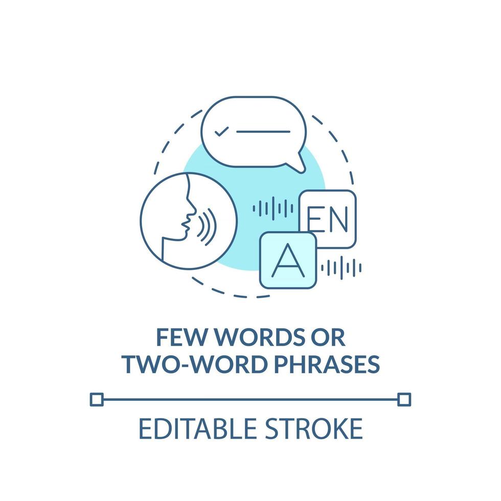 Icono de concepto de pocas palabras y frases de dos palabras. autismo signo idea abstracta ilustración de línea fina. dificultades verbales. Pocas habilidades del lenguaje hablado. dibujo de color de contorno aislado vectorial. trazo editable vector