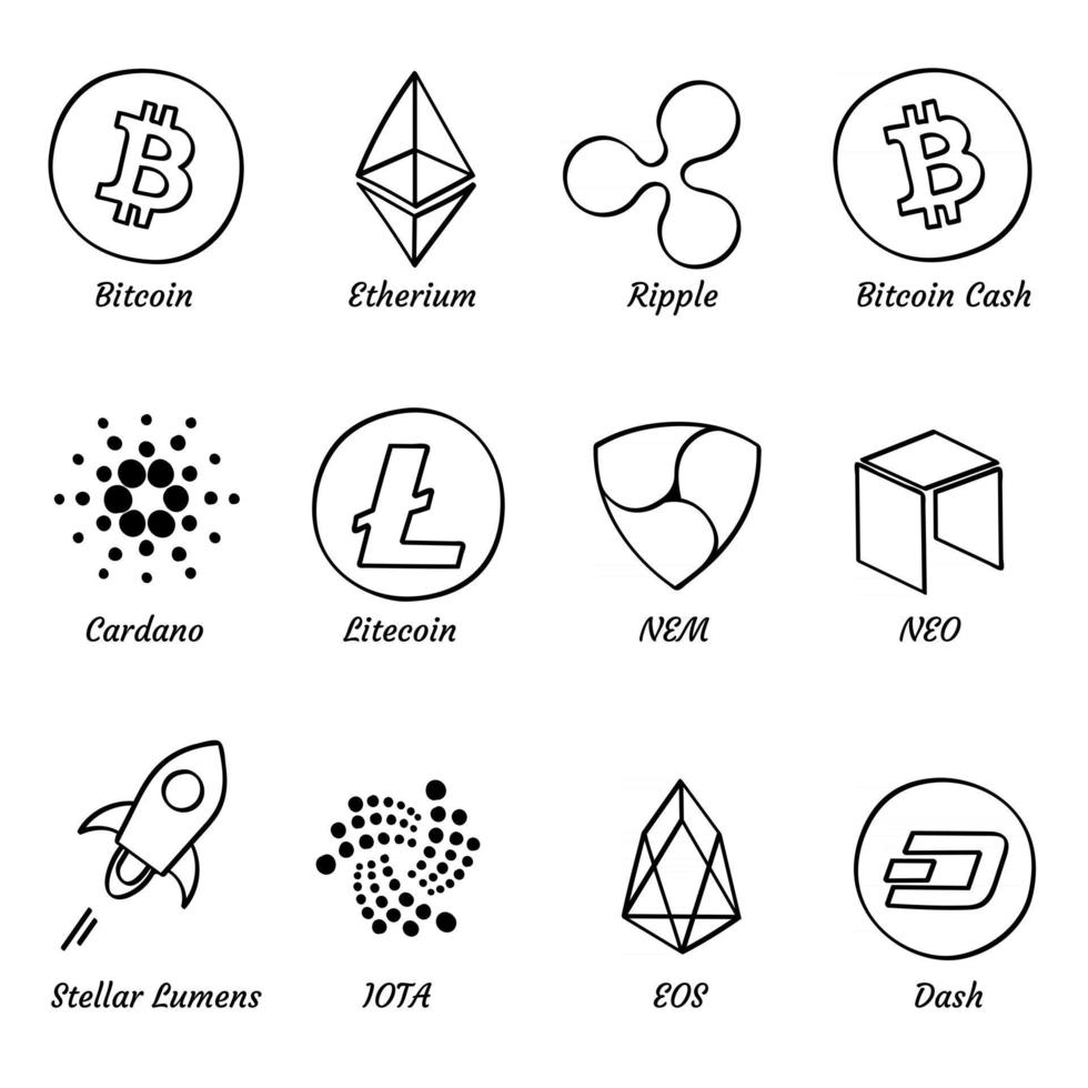 12 top hand drawn crypto currency set isolated on white background vector illustration