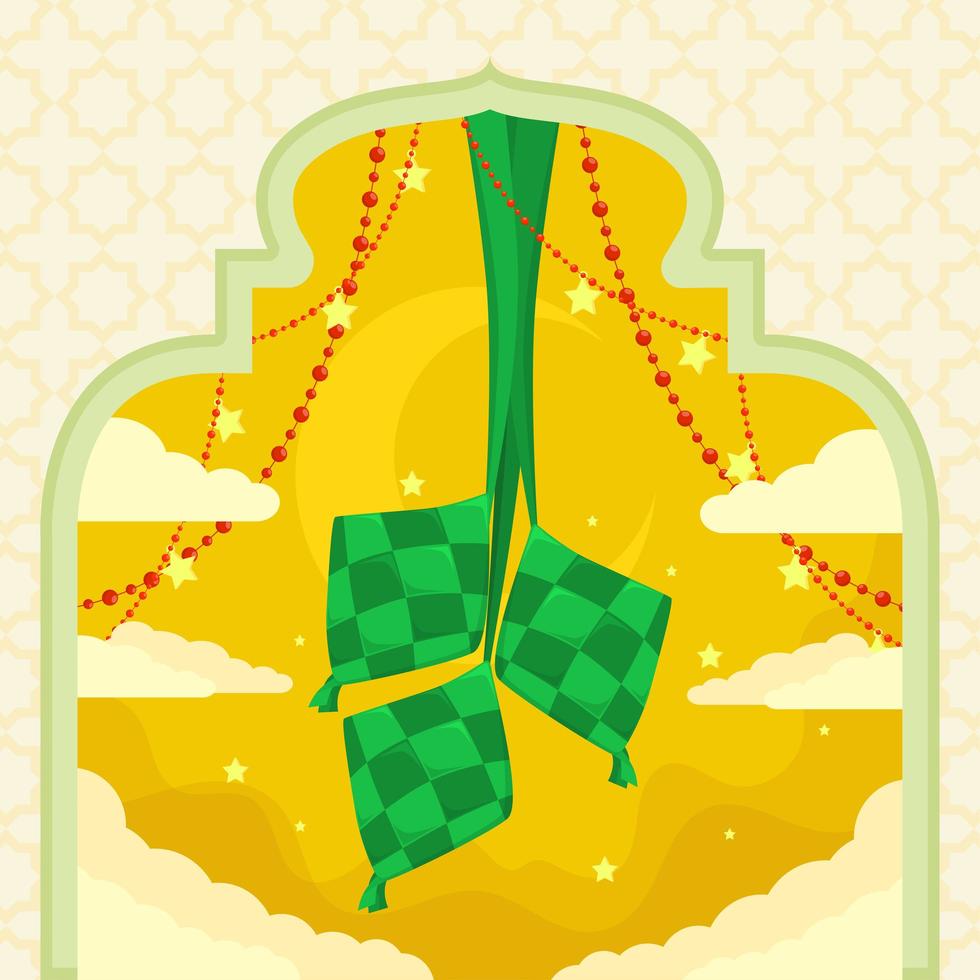 Ketupat Rice In Frame with Mosque Door And Stars around vector
