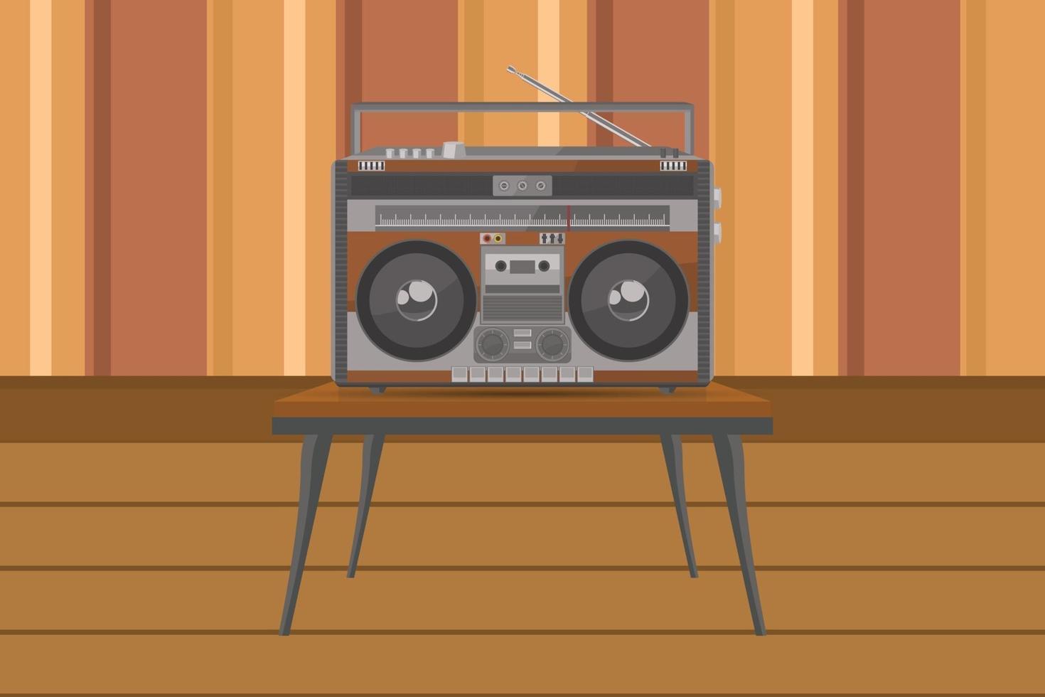 Vintage portable radio on table with flat design vector