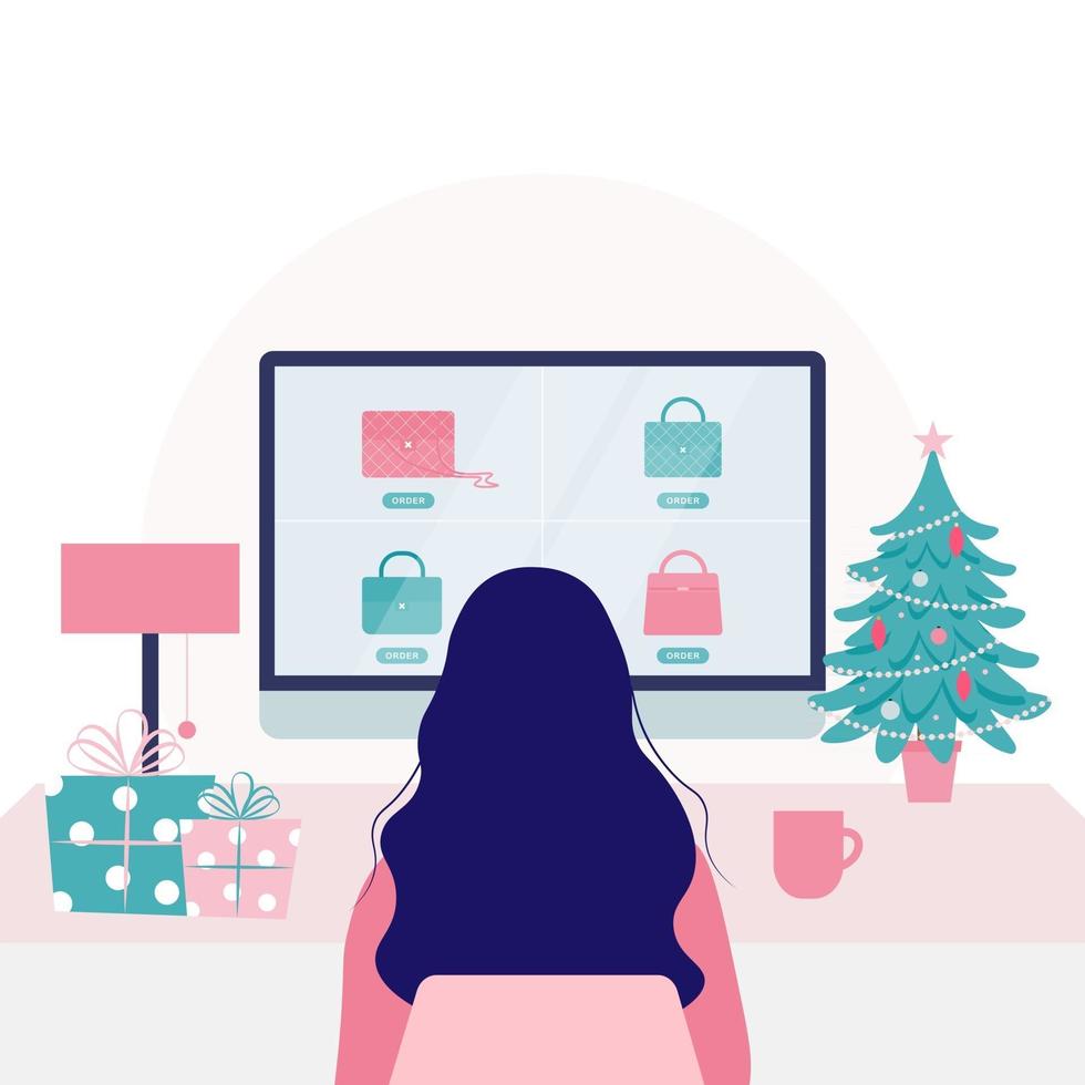 Young Woman Shopping for Christmas Presents Online Illustration vector