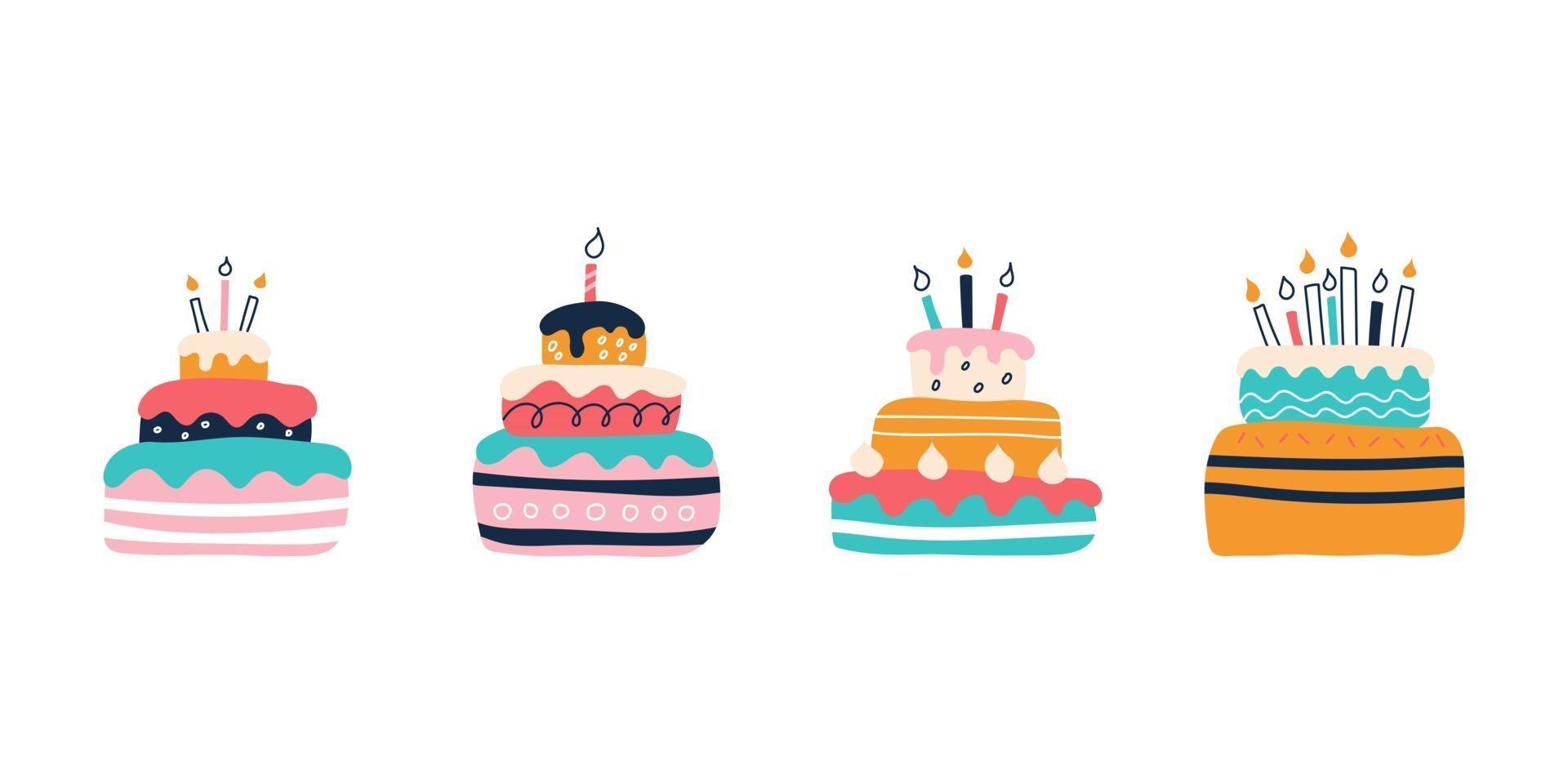 A set of bright colorful cakes on a white background in the style of flat doodles. Vector illustration. Children's room decor, posters, postcards, clothing and interior items