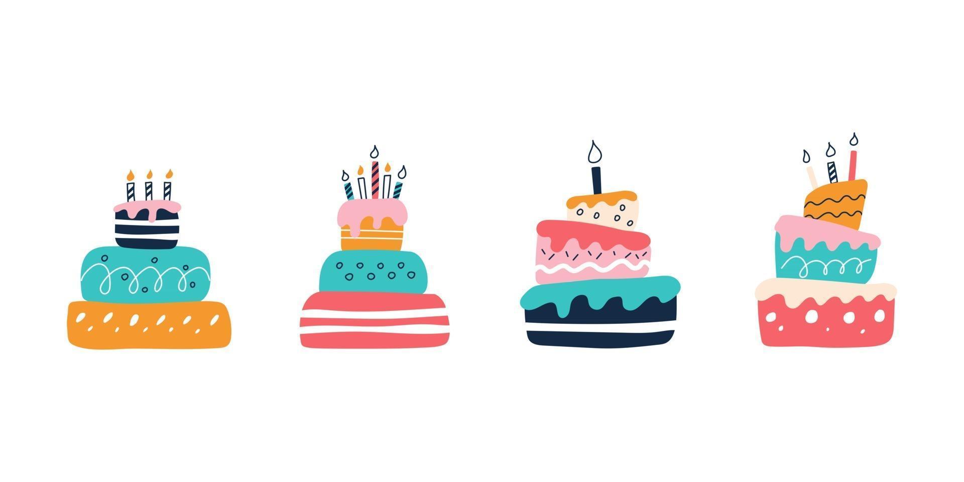 A set of bright colorful cakes on a white background in the style of flat doodles. Vector illustration. Children's room decor, posters, postcards, clothing and interior items