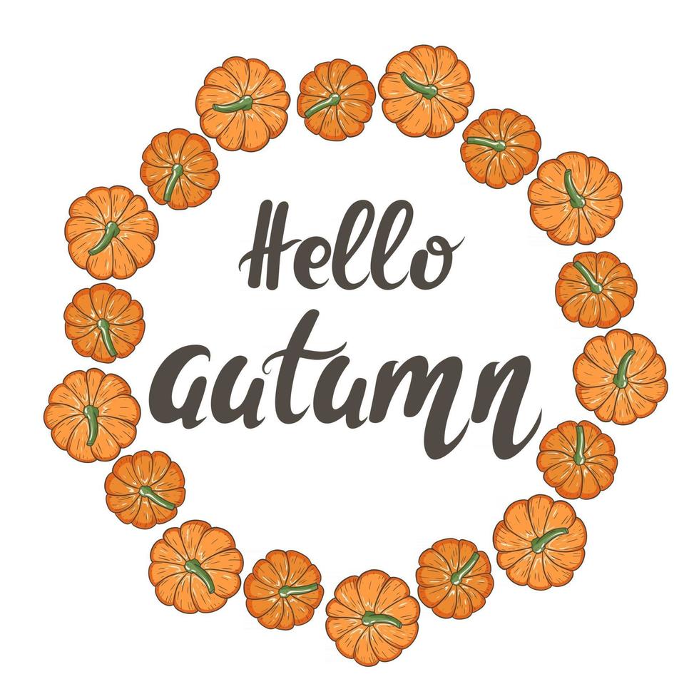 Circular frame of pumpkins with hand lettering hello autumn vector illustration