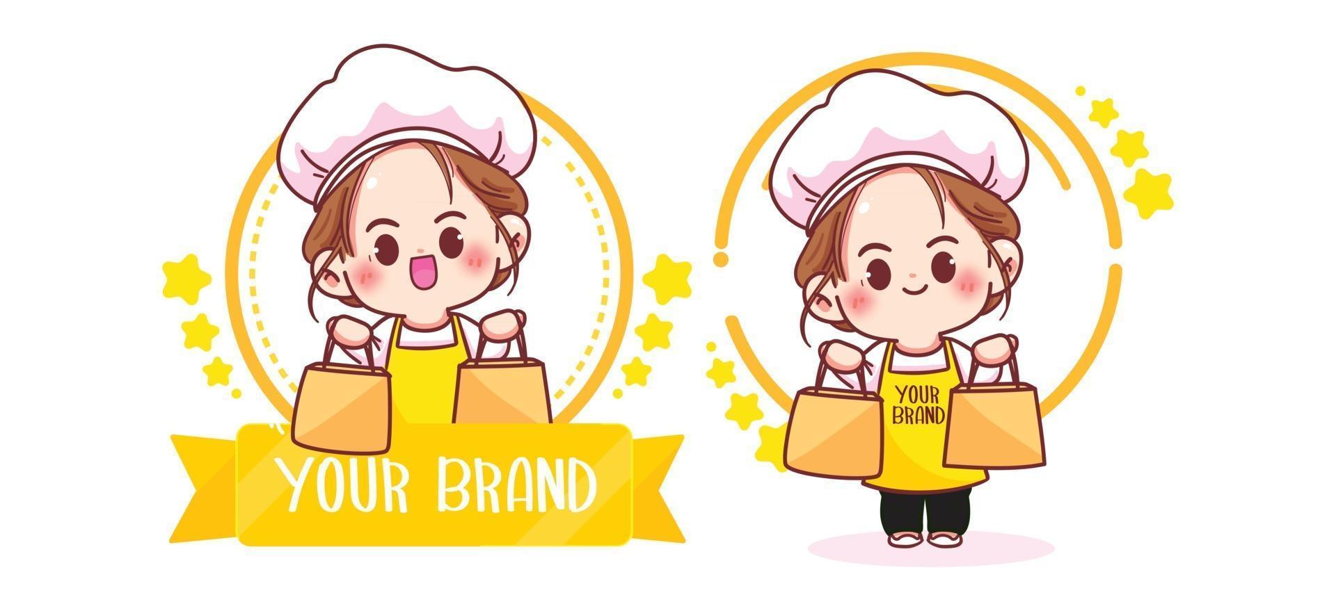 Cute woman chef logo cartoon art illustration vector