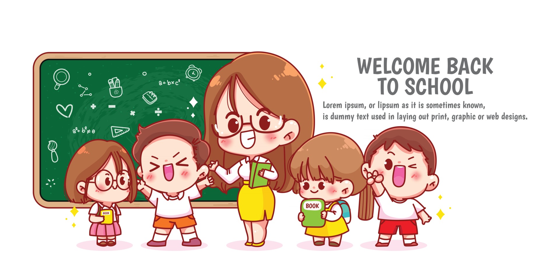 Happy cute Teacher and Students Back to school Hand drawn cartoon art  illustration 2870780 Vector Art at Vecteezy