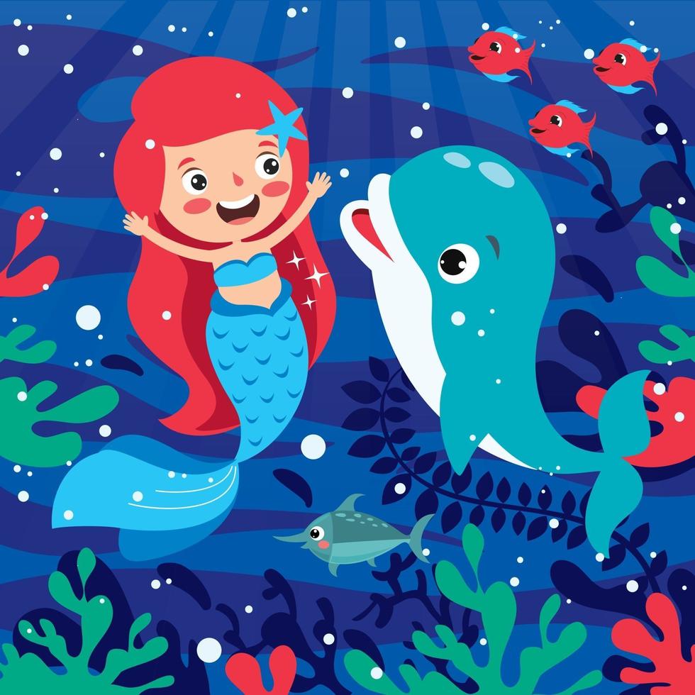 Cute Beautiful Cartoon Mermaid Posing vector