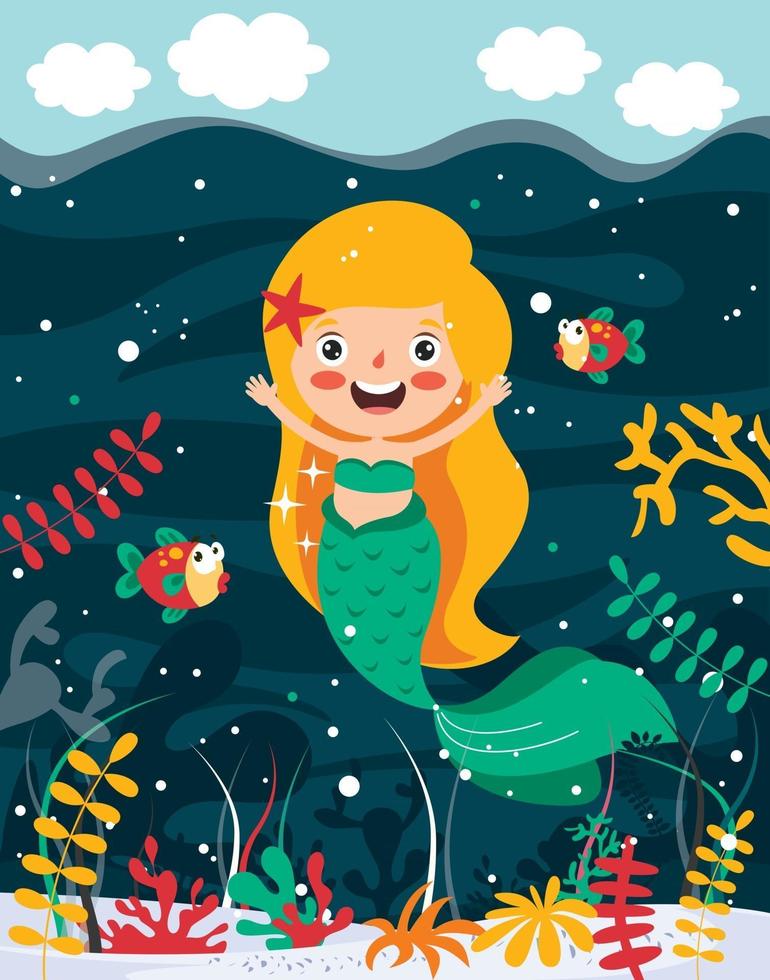 Cute Beautiful Cartoon Mermaid Posing vector