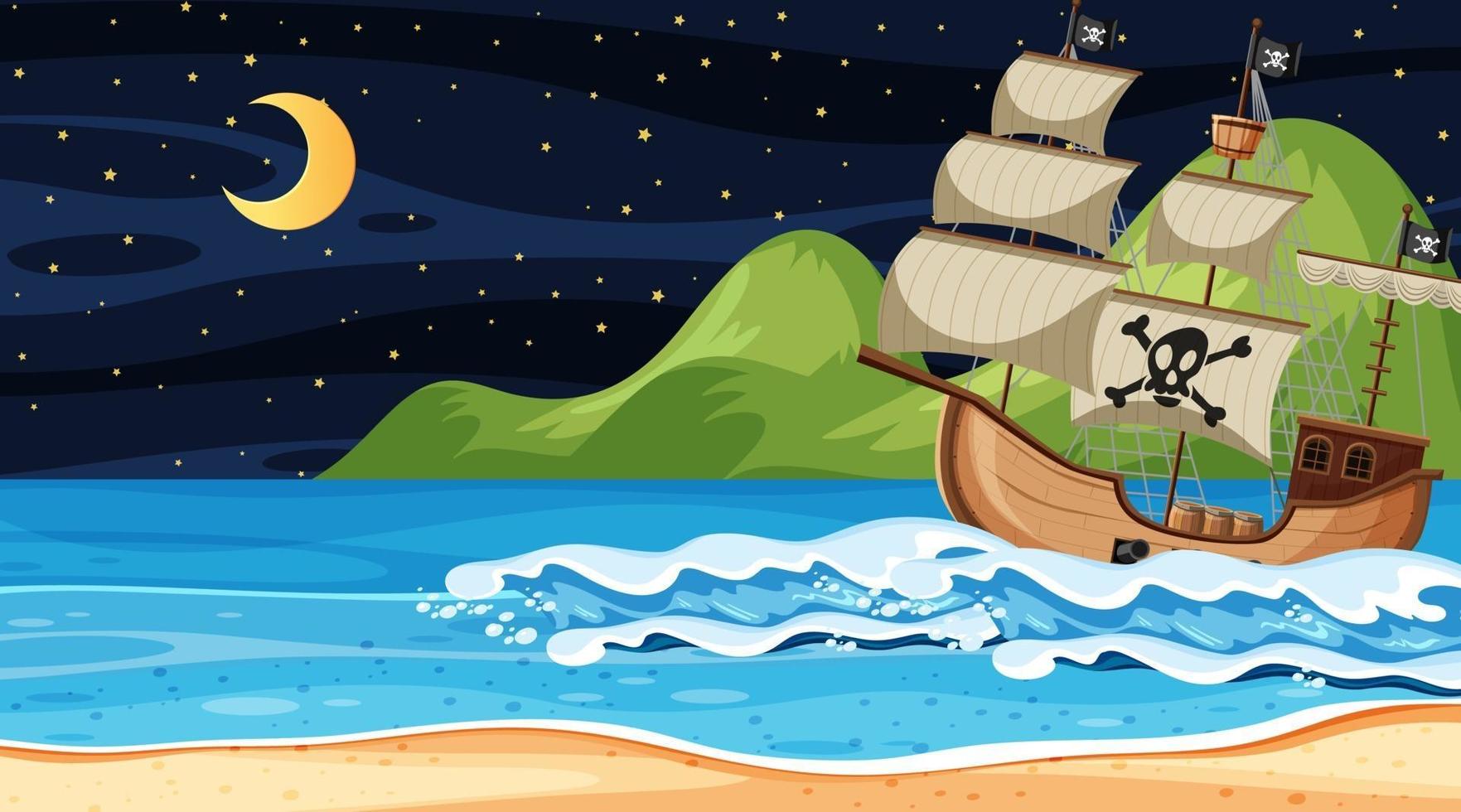 Ocean with Pirate ship at night scene in cartoon style vector