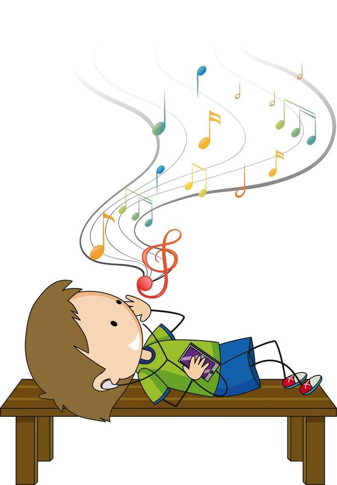 Doodle personaje de dibujos animados de un niño escuchando música mientras se pone en brench vector