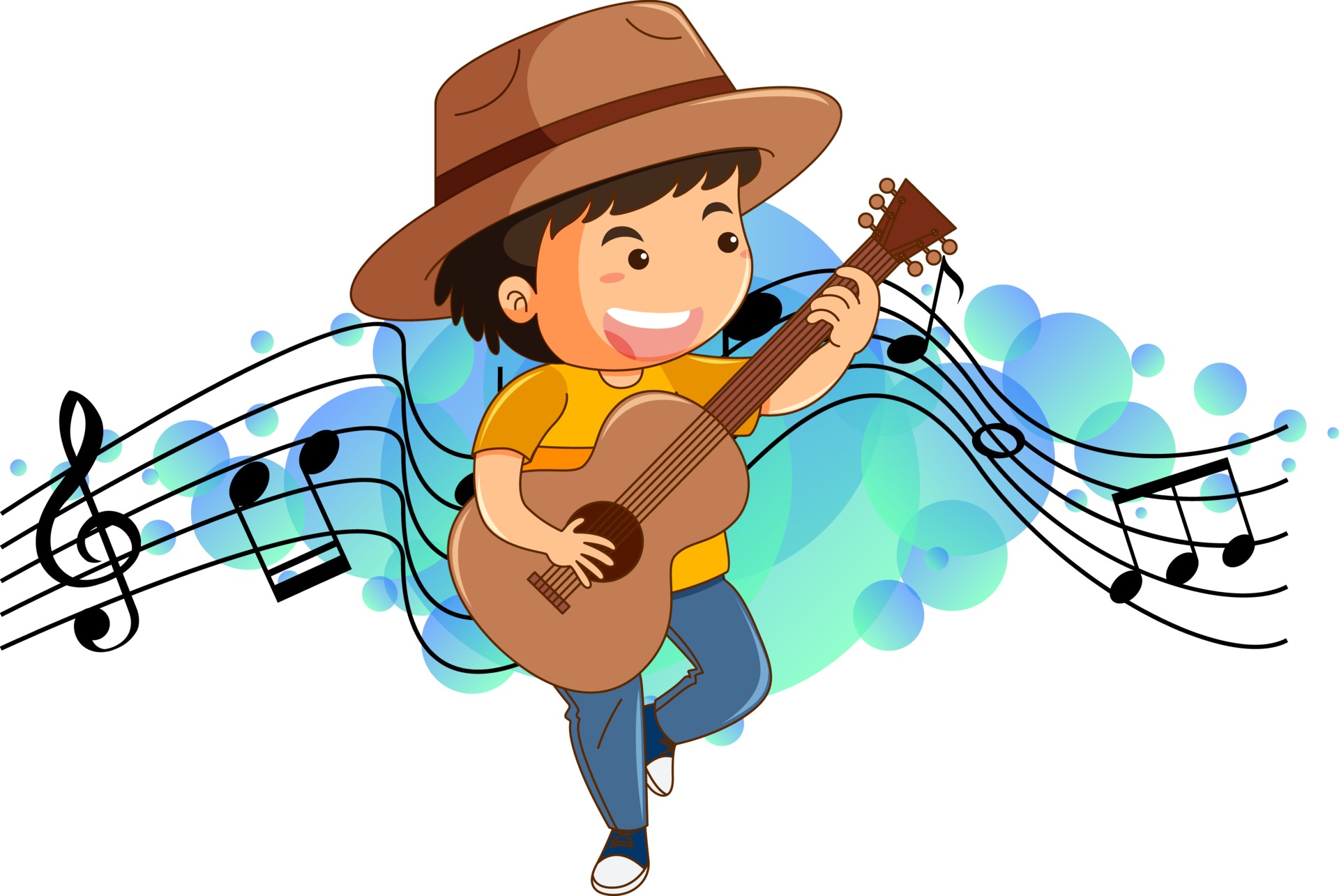Cartoon character of a boy playing guitar with melody symbols 2871118  Vector Art at Vecteezy