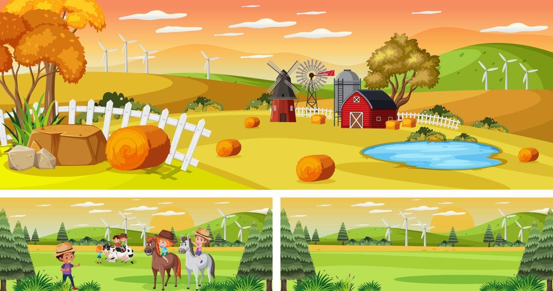 Set of different outdoor landscape scenes with cartoon character vector