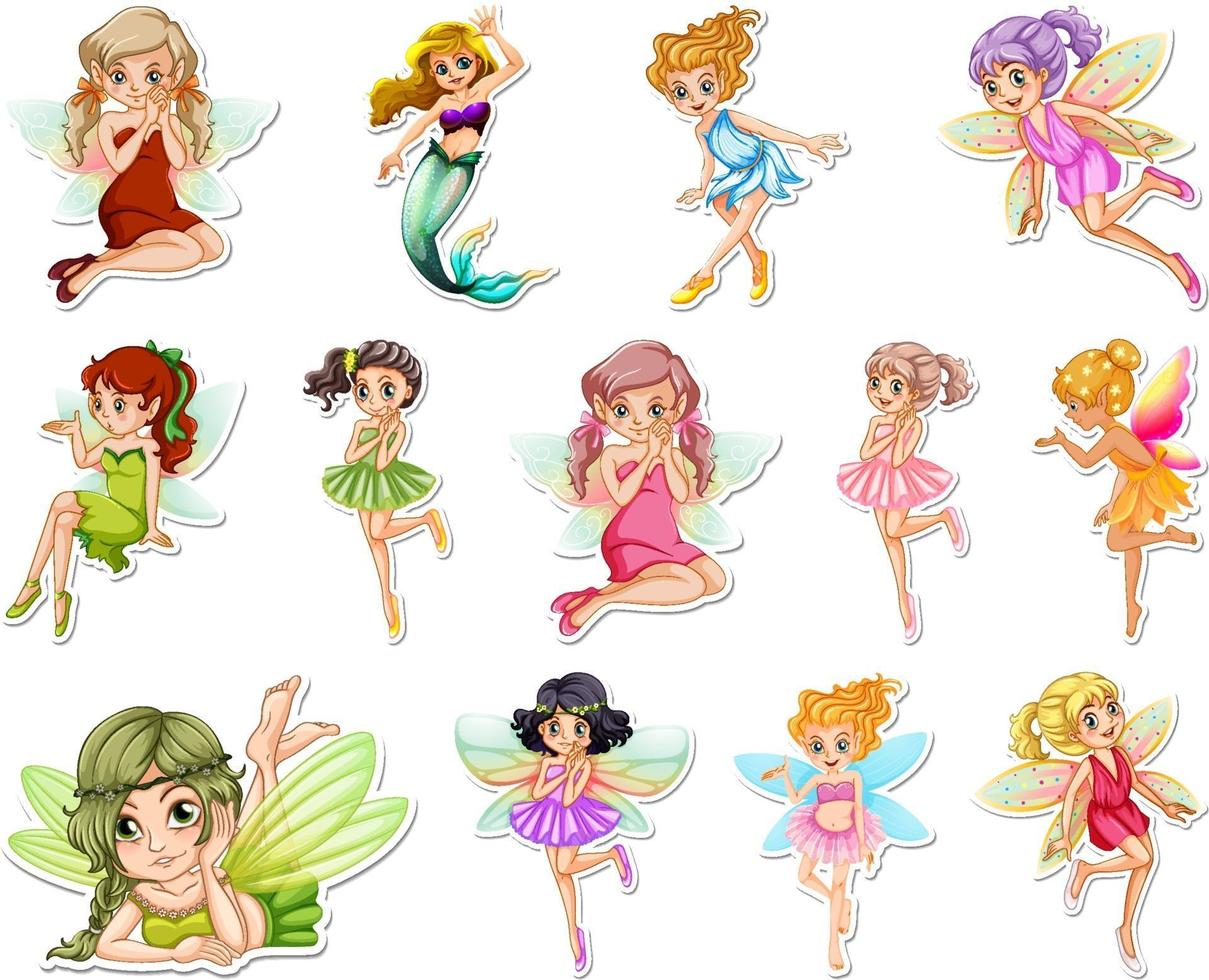 Set of stickers with beautiful fairies and mermaid cartoon character vector