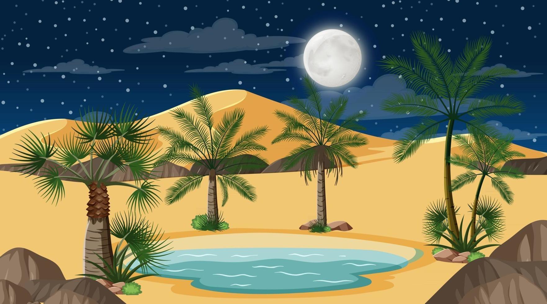 paisaje de bosque desértico en la escena nocturna con pequeño oasis vector