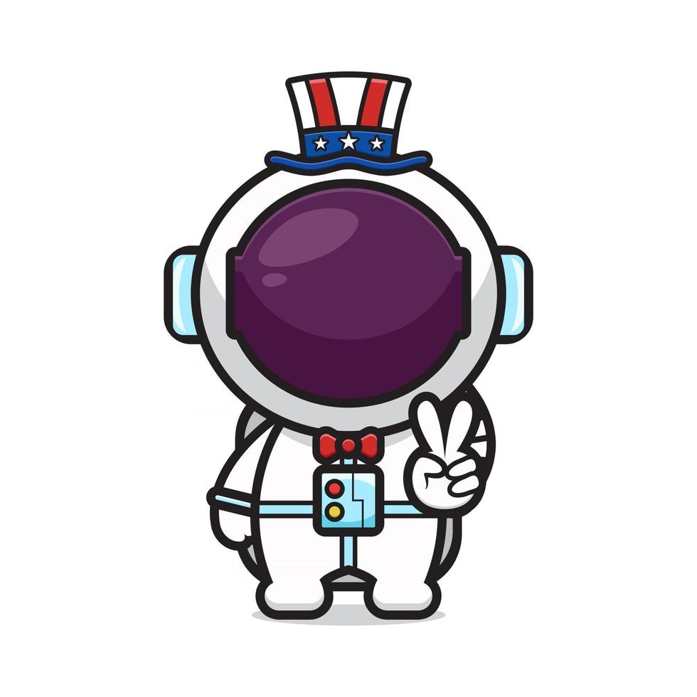 Lindo astronauta con pose de paz celebrar el día de la independencia de América icono de dibujos animados ilustración vectorial vector