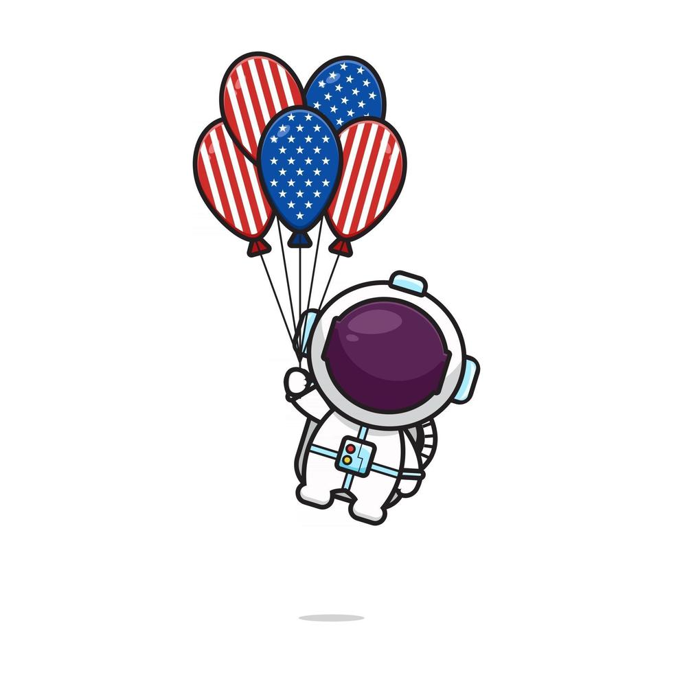 Cute astronaut flying with balloon celebrate america independence day cartoon icon vector illustration