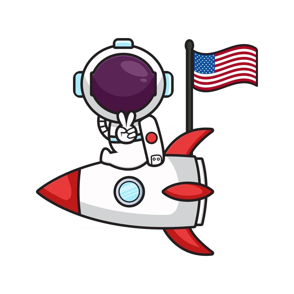 Lindo astronauta sentarse en el cohete celebrar el día de la independencia de América icono de dibujos animados ilustración vectorial vector