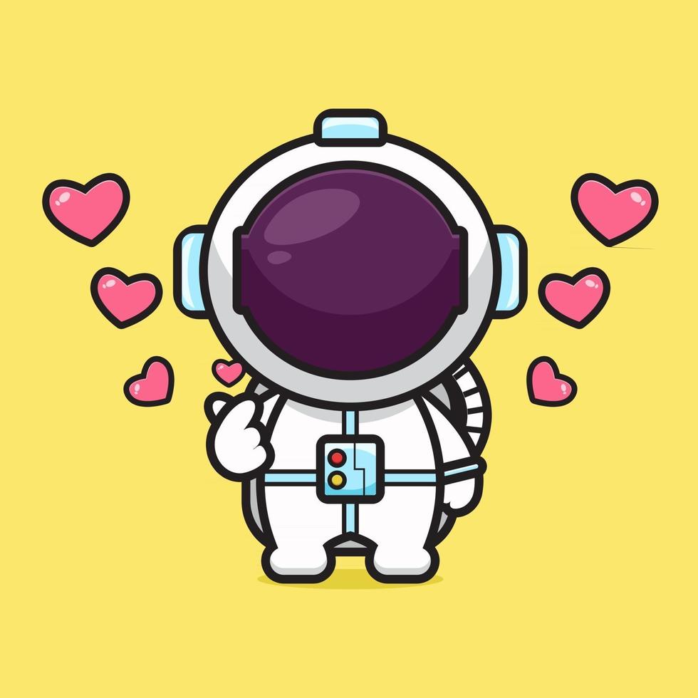Lindo astronauta con ilustración de vector de icono de dibujos animados de pose de amor de dedo