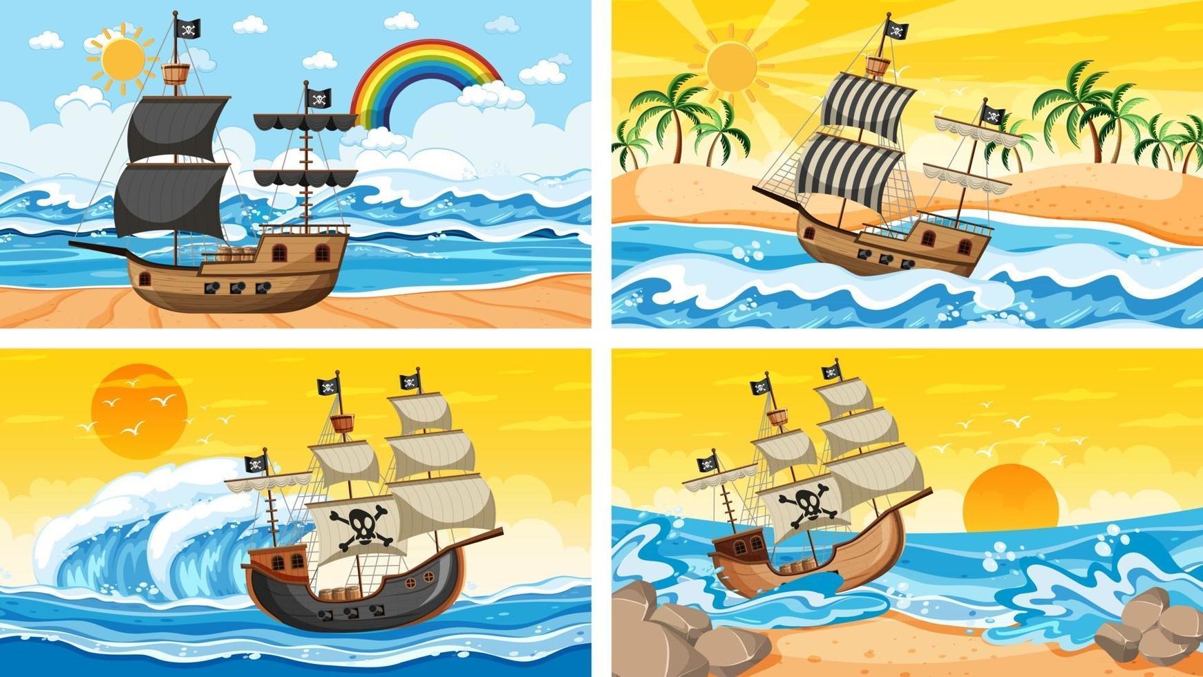 conjunto de escenas oceánicas en diferentes momentos con barco pirata en estilo de dibujos animados vector