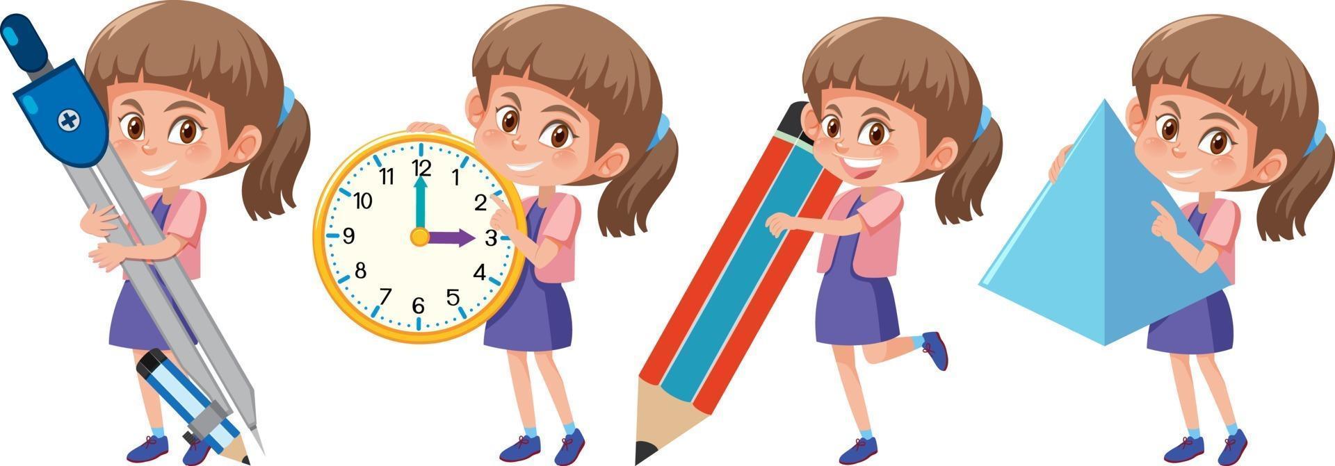 Set of a girl holding different math tools vector