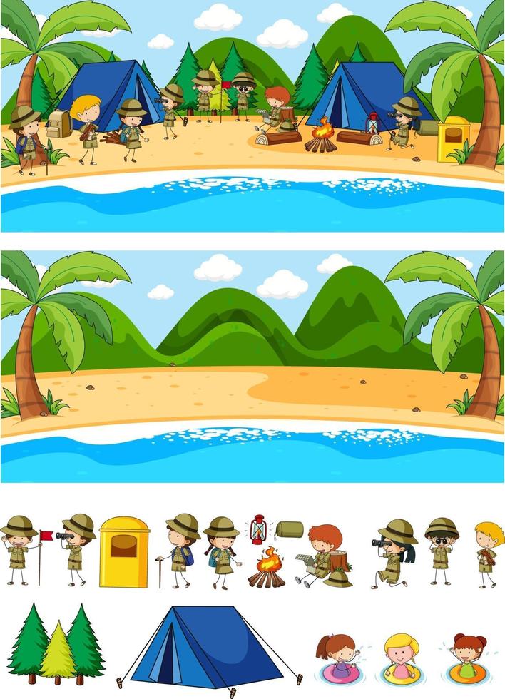 Set of different horizontal beach scenes with doodle kids cartoon character vector